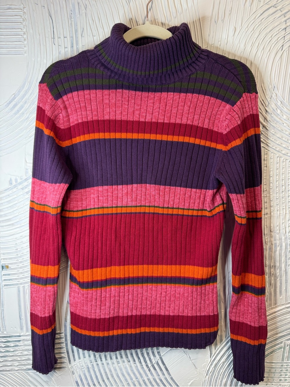 High Sierra Striped Cowlneck Sweater in Purple, Pink & Orange N0828